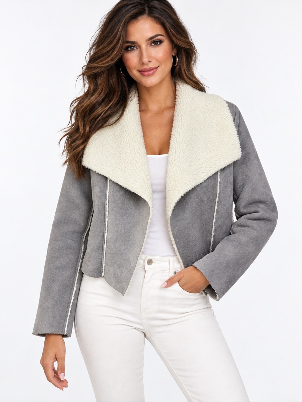 Trac Women’s Medium Gray Faux Suede Shearling Jacket Open Front Cropped Coat